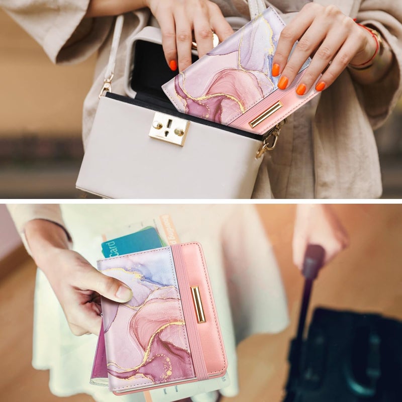 Coco Rossi Passport Holder Cover Travel RFID Blocking Passport Cover Rose Gold Cute Flowers Passport Wallet with Elastic Band for Women - Image 3